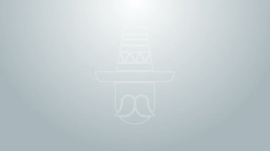 Mavi çizgili Meksikalı adam gri arka planda izole edilmiş sombrero ikonu giyiyor. Bıyıklı İspanyol adam. 4K Video hareketli grafik canlandırması