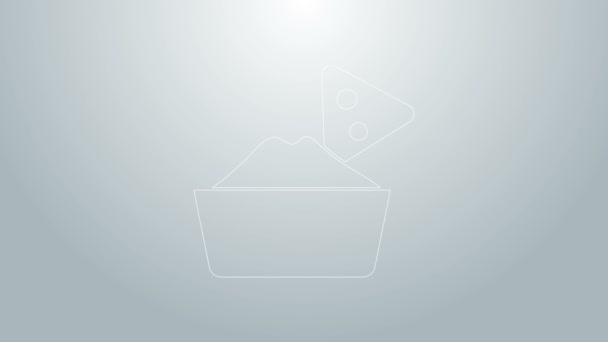 Modrá čára Nachos v misce ikony izolované na šedém pozadí. Tortilla chipsy nebo nachos tortilly. Tradiční mexické fast food menu. Grafická animace pohybu videa 4K — Stock video
