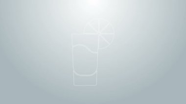 Gri arka planda izole edilmiş limon ikonlu mavi çizgi tekila camı. Meksika alkolü. 4K Video hareketli grafik canlandırması