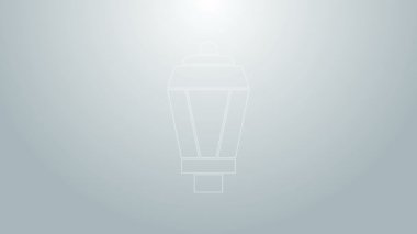 Mavi çizgi bahçe lambası ikonu gri arkaplanda izole edilmiş. Güneş enerjili lamba. Fener. Sokak lambası. 4K Video hareketli grafik canlandırması