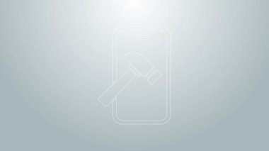 Kırık ekran simgesine sahip mavi çizgi akıllı telefonu gri arkaplanda izole edildi. Parçalanmış telefon ekranı simgesi. 4K Video hareketli grafik canlandırması