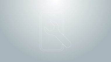 Gri arkaplanda İngiliz anahtarı simgesi olan mavi hat cep telefonu. Ayarlama, servis, ayar, bakım, onarım. 4K Video hareketli grafik canlandırması