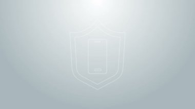 Mavi çizgi akıllı telefon, gri arkaplanda güvenlik kalkanı simgesi olan cep telefonu. Güvenlik, güvenlik, koruma kavramı. 4K Video hareketli grafik canlandırması