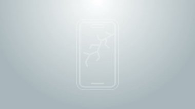 Kırık ekran simgesine sahip mavi çizgi akıllı telefonu gri arkaplanda izole edildi. Parçalanmış telefon ekranı simgesi. 4K Video hareketli grafik canlandırması