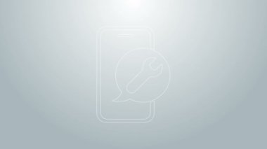 Gri arkaplanda İngiliz anahtarı simgesi olan mavi hat cep telefonu. Ayarlama, servis, ayar, bakım, onarım. 4K Video hareketli grafik canlandırması