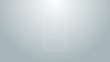 Gri arkaplanda ünlem işareti simgesi olan mavi çizgi cep telefonu. Uyarı mesajı akıllı telefon uyarısı. 4K Video hareketli grafik canlandırması