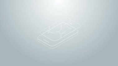 Kırık ekran simgesine sahip mavi çizgi akıllı telefonu gri arkaplanda izole edildi. Parçalanmış telefon ekranı simgesi. 4K Video hareketli grafik canlandırması