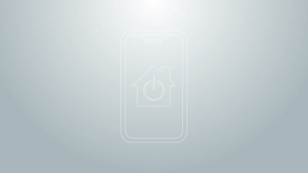 Blå linje Mobiltelefon med smart hem ikon isolerad på grå bakgrund. Fjärrkontroll. 4K Video motion grafisk animation — Stockvideo