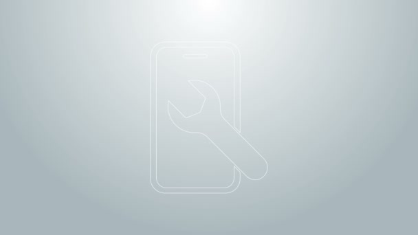 Blue line Mobile phone with wrench icon isolated on grey background. Adjusting, service, setting, maintenance, repair. 4K Video motion graphic animation — Stock Video