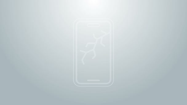 Blaue Linie Smartphone mit gebrochenem Bildschirm Symbol isoliert auf grauem Hintergrund. Zertrümmertes Handy-Bildschirmsymbol. 4K Video Motion Grafik Animation — Stockvideo