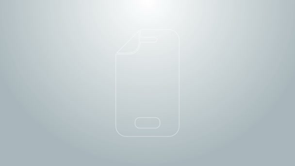 회색 배경에 분리 된 스마트폰 아이콘의 블루 라인 글래스 화면 보호기. 유리 보호 필름이야. 휴대 전화용 투명 한 소프트 글라스. 4K 비디오 모션 그래픽 애니메이션 — 비디오