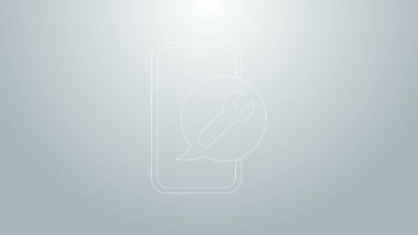 Blauwe lijn Mobiele telefoon met moersleutel pictogram geïsoleerd op grijze achtergrond. Aanpassen, service, instelling, onderhoud, reparatie. 4K Video motion grafische animatie — Stockvideo