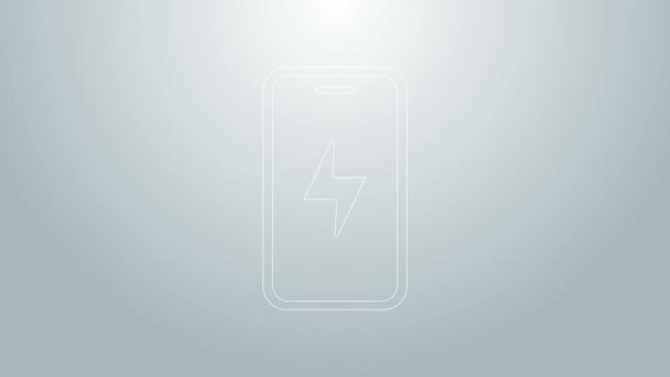 Blue line Smartphone charging battery icon isolated on grey background. Phone with a low battery charge. 4K Video motion graphic animation — Stock Video