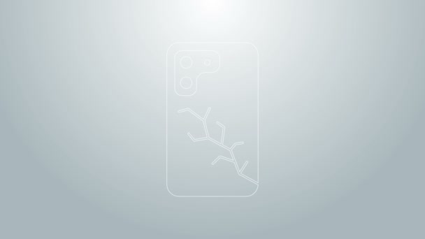 Smartphone de línea azul con icono de pantalla rota aislado sobre fondo gris. Icono de pantalla del teléfono roto. Animación gráfica de vídeo 4K — Vídeos de Stock
