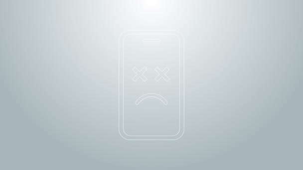 Línea azul Icono móvil muerto aislado sobre fondo gris. Dispositivo digital fallecido símbolo emoji. Smartphone cadáver mostrando emoción facial. Animación gráfica de vídeo 4K — Vídeos de Stock