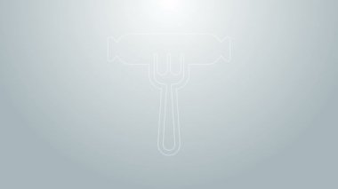 Çatal simgesindeki mavi çizgi sosisi gri arkaplanda izole edilmiş. Izgara sosis ve aroma işareti. 4K Video hareketli grafik canlandırması