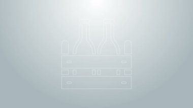 Mavi çizgi bira şişeleri gri arka planda izole edilmiş. Tahta kutu ve bira şişeleri. Kutu bira kutusu tabelası. 4K Video hareketli grafik canlandırması