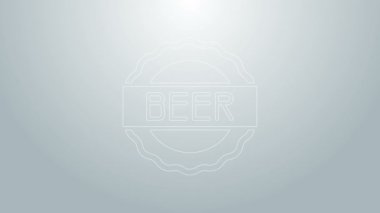 Üzerinde gri arka planda izole bira ikonu bulunan mavi çizgi şişe kapağı. 4K Video hareketli grafik canlandırması