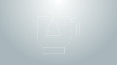 Gri arka planda izole edilmiş çay poşeti ikonu olan mavi çay fincanı. 4K Video hareketli grafik canlandırması