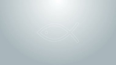 Mavi çizgi Hristiyan balık sembolü gri arkaplanda izole edilmiş. İsa 'nın balık sembolü. 4K Video hareketli grafik canlandırması