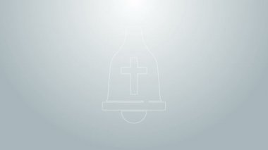 Mavi çizgi kilise çanı simgesi gri arka planda izole edildi. Alarm sembolü, servis zili, el zili işareti, uyarı sembolü. 4K Video hareketli grafik canlandırması