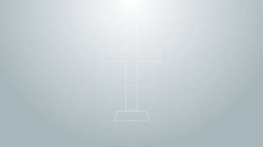 Mavi çizgi Hıristiyan çapraz simgesi gri arka planda izole edildi. Kilise haçı. 4K Video hareketli grafik canlandırması