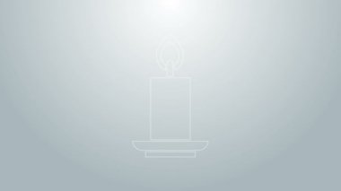 Mavi çizgi yanan mum simgesi gri arkaplanda izole edildi. Silindirik mum çubuğu ve yanan ateş. 4K Video hareketli grafik canlandırması