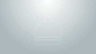 Mavi çizgi Müslüman Camii simgesi gri arkaplanda izole edilmiş. 4K Video hareketli grafik canlandırması