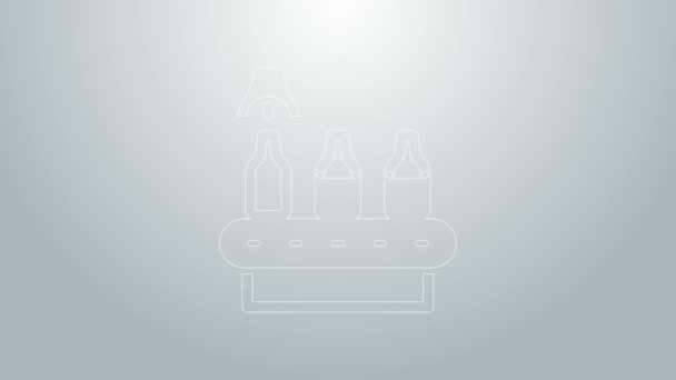 Línea azul Línea de producción de la fábrica de cerveza que vierte bebida alcohólica en botellas de vidrio icono aislado sobre fondo gris. Animación gráfica de vídeo 4K — Vídeos de Stock