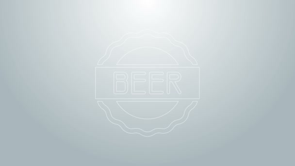 Modrá čára víčko lahvičky s nápisem pivní ikona izolované na šedém pozadí. Grafická animace pohybu videa 4K — Stock video