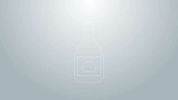 Modrá čára Pivo láhev ikona izolované na šedém pozadí. Grafická animace pohybu videa 4K — Stock video