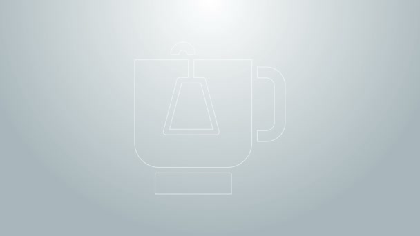 Blue line Cup of tea with tea bag icon isolated on grey background. 4K Video motion graphic animation — Stock Video