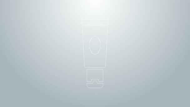 Ligne bleue icône de tube cosmétique crème ou lotion isolé sur fond gris. Produits de soin du corps pour femme. Animation graphique de mouvement vidéo 4K — Video