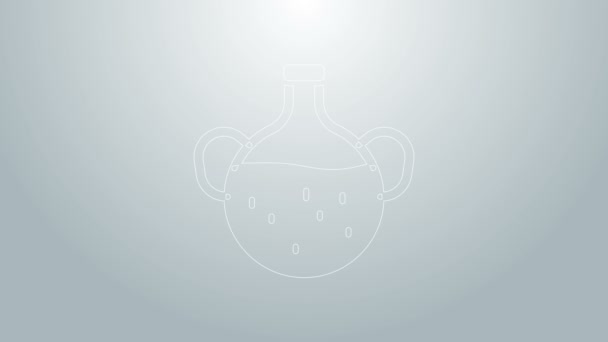 Línea azul Icono de botella de aceite esencial aislado sobre fondo gris. Esencia de aromaterapia orgánica. Cuidado de la piel suero vaso gota paquete. Animación gráfica de vídeo 4K — Vídeo de stock