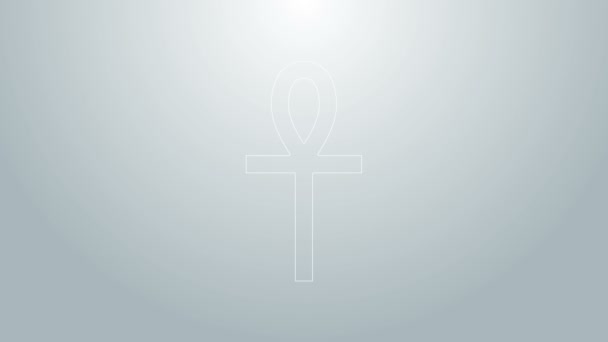 Modrá čára Kříž ankh ikona izolované na šedém pozadí. Grafická animace pohybu videa 4K — Stock video
