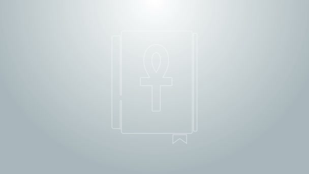 Modrá čára kříž ankh kniha ikona izolované na šedém pozadí. Grafická animace pohybu videa 4K — Stock video