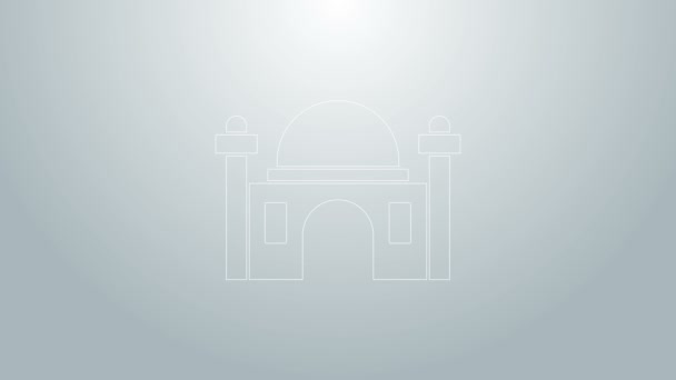 Ícone de mesquita muçulmana de linha azul isolado em fundo cinza. Animação gráfica em movimento de vídeo 4K — Vídeo de Stock