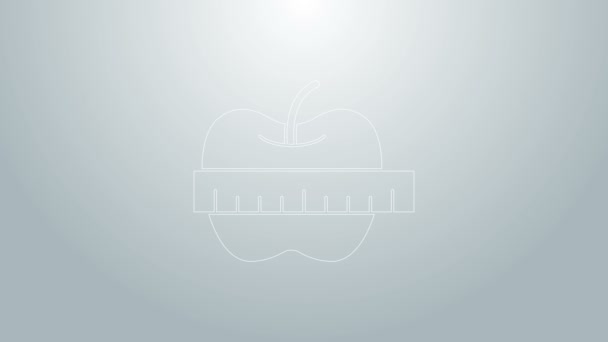 Línea azul Apple e icono de cinta métrica aislados sobre fondo gris. El exceso de peso. Menú de dieta saludable. Aptitud dieta manzana. Animación gráfica de vídeo 4K — Vídeo de stock