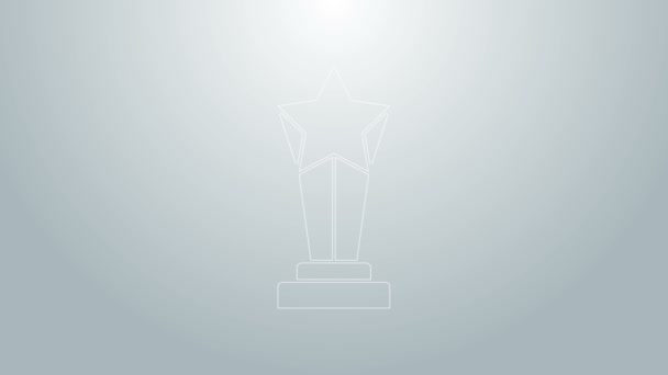 Синяя линия Знак Кубка Премии выделен на сером фоне. Символ трофея победителя. Чемпионский или конкурсный приз. Знак спортивного достижения. Видеографическая анимация 4K — стоковое видео