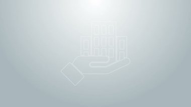 Mavi çizgi gökdelen simgesi gri arkaplanda izole edildi. Metropolis mimarisi panoramik manzara. 4K Video hareketli grafik canlandırması