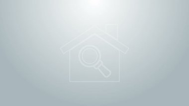Mavi çizgi Arama Evi simgesi gri arkaplanda izole edildi. Büyüteç altındaki bir evin emlak sembolü. 4K Video hareketli grafik canlandırması