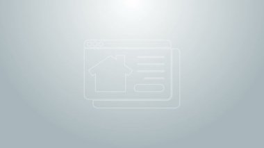 Tarayıcı simgesindeki Blue Line Online emlak evi gri arka planda izole edildi. Ev kredisi konsepti, kira, satın alma, mülk alma. 4K Video hareketli grafik canlandırması