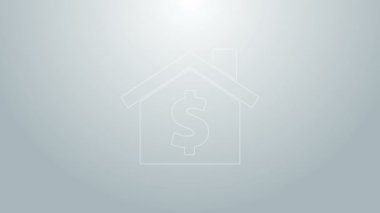 Gri arkaplanda dolar sembolü olan mavi çizgi evi. Ev ve para. Emlak konsepti. 4K Video hareketli grafik canlandırması