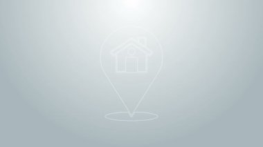 Gri arkaplanda ev simgesi olan mavi çizgi haritası işaretçisi. Ev konumu belirleyici sembol. 4K Video hareketli grafik canlandırması