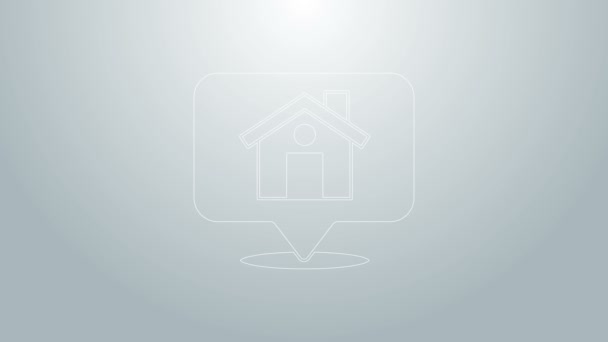 Blauwe lijn Kaartaanwijzer met huispictogram geïsoleerd op grijze achtergrond. Markeringssymbool voor de thuislocatie. 4K Video motion grafische animatie — Stockvideo