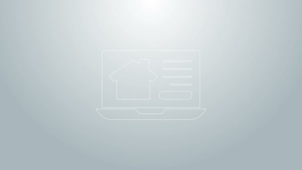 Μπλε γραμμή Online real estate house σε laptop εικονίδιο απομονώνονται σε γκρι φόντο. Αρχική ιδέα δανείου, ενοικίαση, αγορά, αγορά ακινήτου. 4K Γραφική κίνηση κίνησης βίντεο — Αρχείο Βίντεο