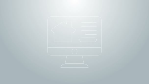Blauwe lijn Online vastgoed huis op monitor icoon geïsoleerd op grijze achtergrond. Woningkredietconcept, huur, koop, koop een woning. 4K Video motion grafische animatie — Stockvideo