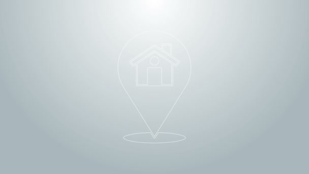Modrá čára Ukazatel mapy s ikonou domu izolovanou na šedém pozadí. Značkový symbol domovské polohy. Grafická animace pohybu videa 4K — Stock video