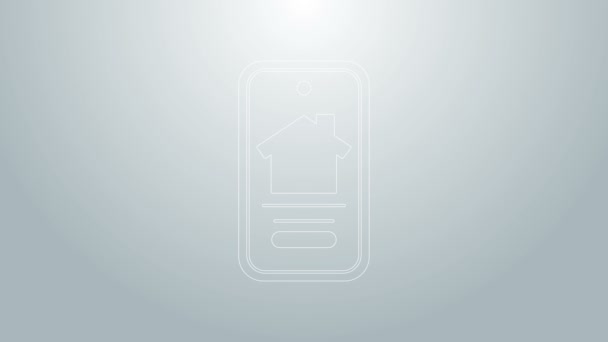 Blauwe lijn Online vastgoed huis op smartphone icoon geïsoleerd op grijze achtergrond. Woningkredietconcept, huur, koop, koop een woning. 4K Video motion grafische animatie — Stockvideo