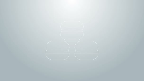 Modrá čára Macaron cookie ikona izolované na šedém pozadí. Makarónová sladká pekárna. Grafická animace pohybu videa 4K — Stock video